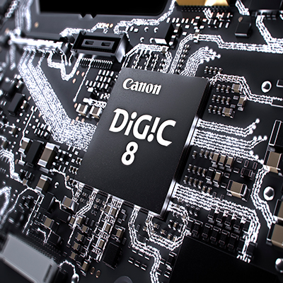  A PCB with chip in the center, labelled Canon Digic 8  